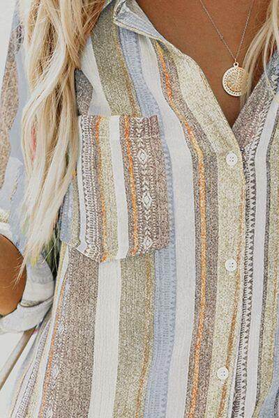 Striped Collared Neck Long Sleeve Shirt for Women Fashion