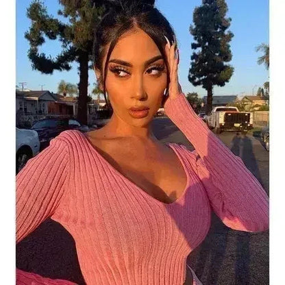 Cotton black short crop top Women autumn v neck off shoulder