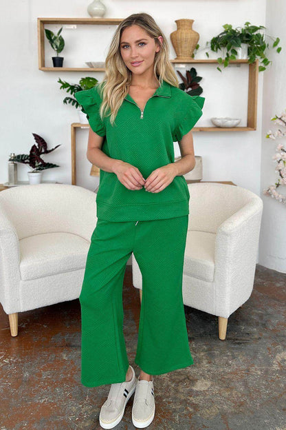 Double Take Texture Ruffle Short Sleeve Top and Pants Set