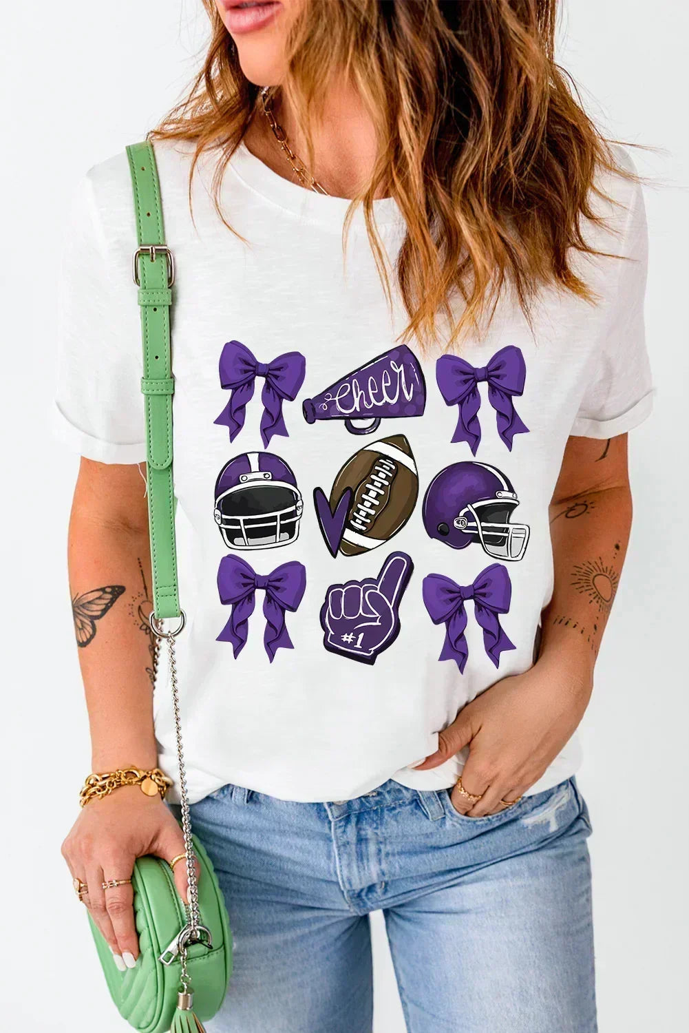 Game Day Rugby Tee: White Cheer Helmet &amp; Bow Graphic T-Shirt