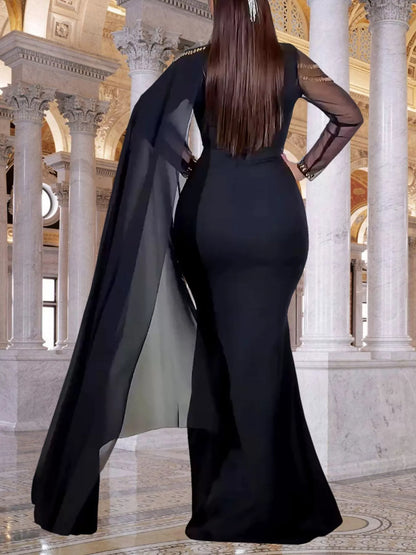 Rhinestone Slit Maxi Dress with Sheer Cape Sleeves
