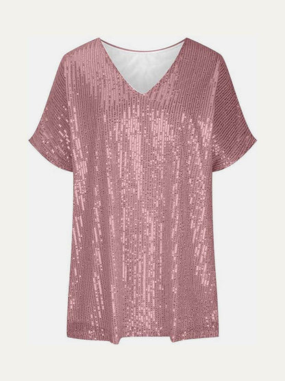 Full Size Sequin V-Neck Short Sleeve Top for Women