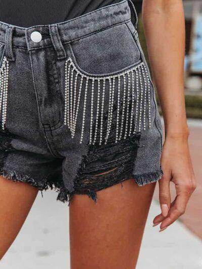 Distressed Fringe Denim Shorts with Pockets for Women