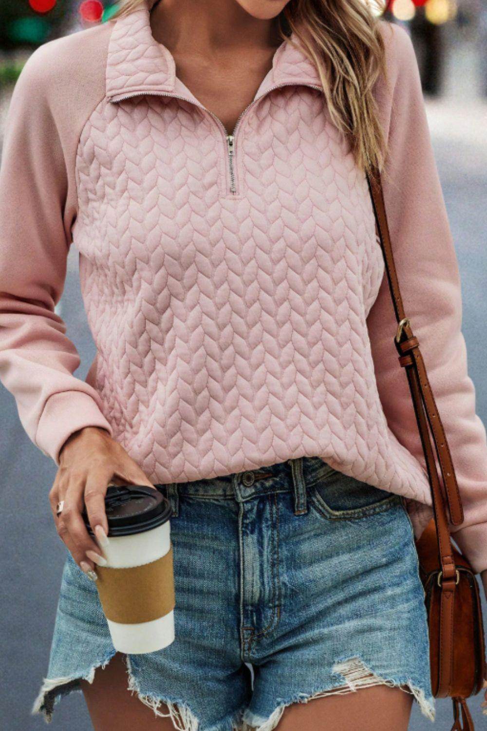 Textured Quarter Zip Long Sleeve Sweatshirt for Women
