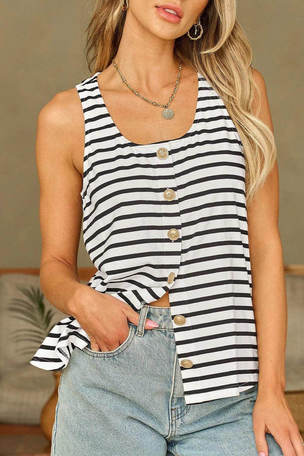Buttoned Striped Wide Strap Tank for Casual Summer Style