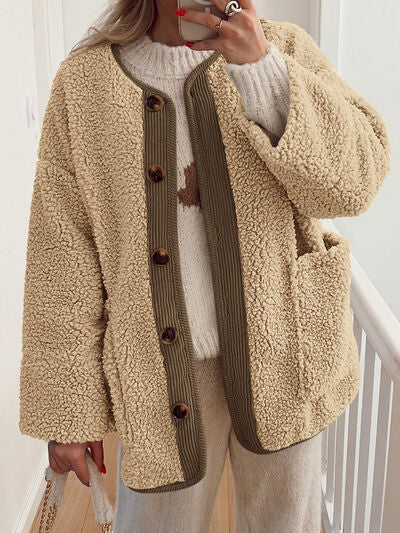 Modern Cozy Women Luxuriously Cozy Contrast Button Up Sherpa Jacket with Pockets For Fall &amp; Winter