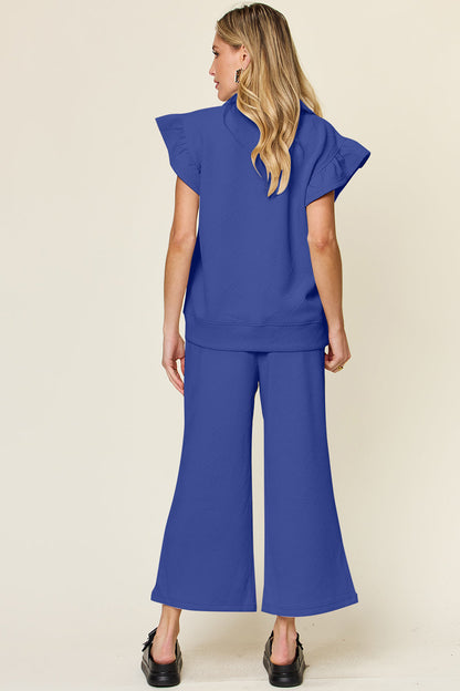 Textured Ruffle Top &amp; Drawstring Wide Leg Pants Set