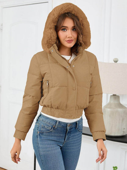 Pocketed Long Sleeve Cropped Hooded Winter Coat for Women