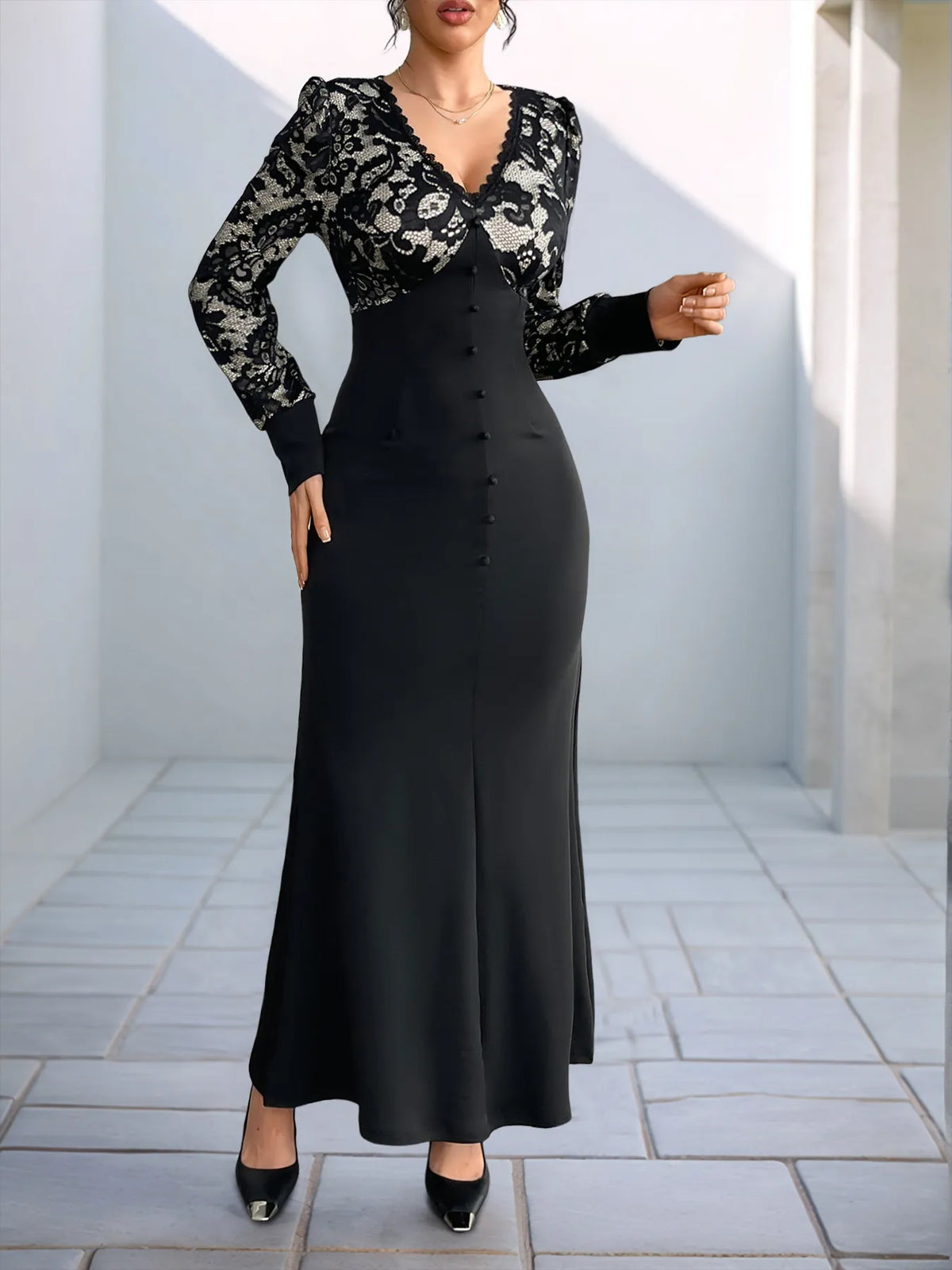 Lace V-Neck Long Sleeve Maxi Dress
