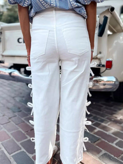 Bow-Accented Wide-Leg Pants
