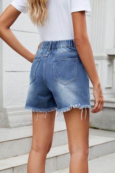 Distressed Raw Hem Asymmetric Waist Denim Shorts for Women