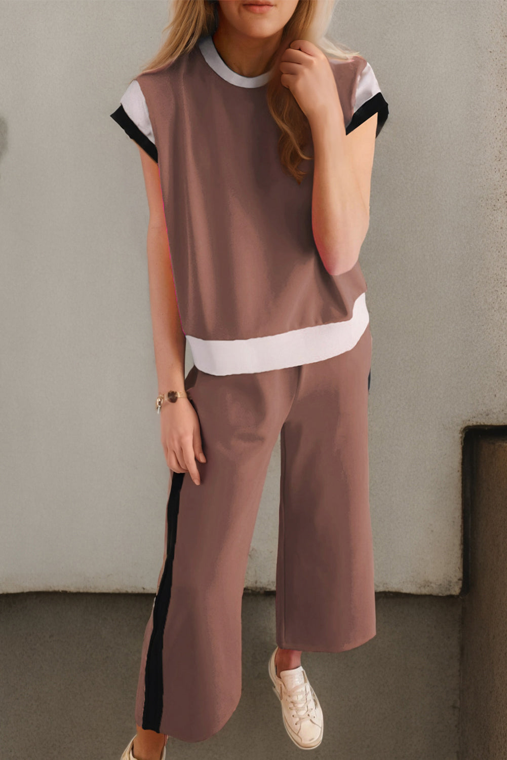 Polyester Two-Piece Set with Contrast Top &amp; Pants