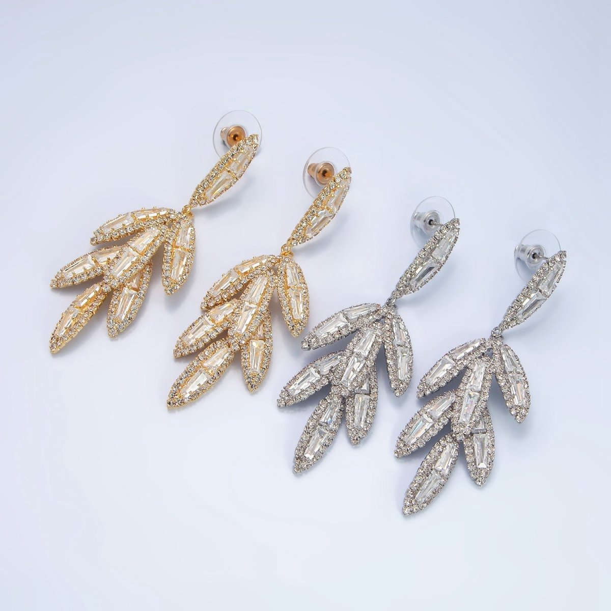 65mm Leaf Sphere Baguette CZ Micro Paved Drop Stud Earrings in Gold &amp; Silver | P174 P183