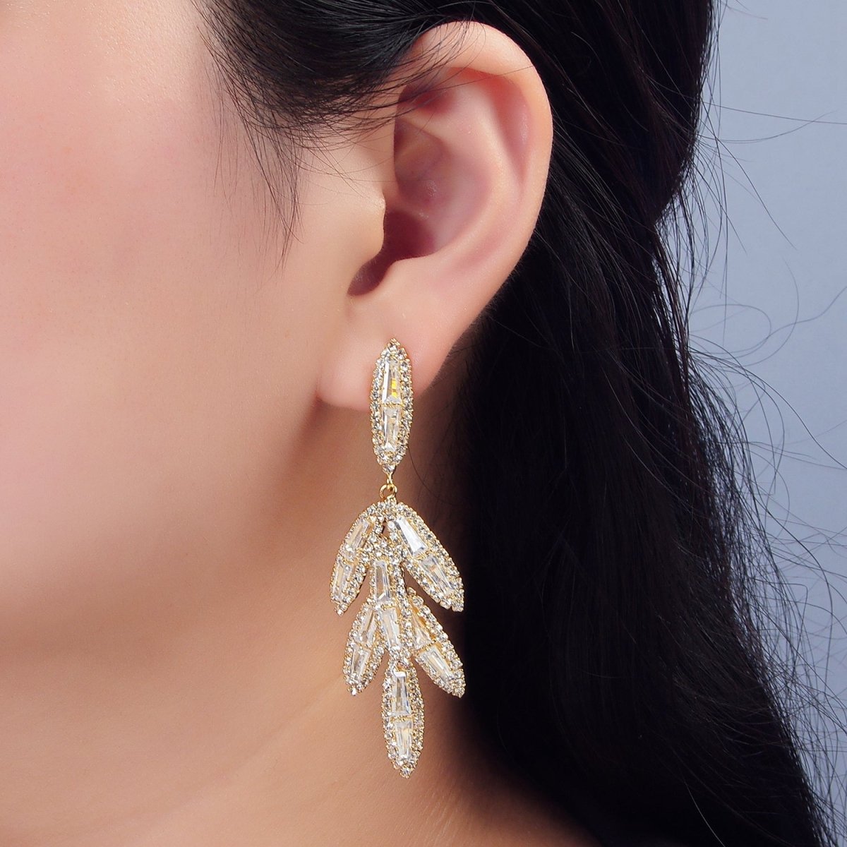 65mm Leaf Sphere Baguette CZ Micro Paved Drop Stud Earrings in Gold &amp; Silver | P174 P183