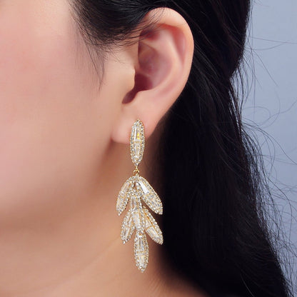 65mm Leaf Sphere Baguette CZ Micro Paved Drop Stud Earrings in Gold &amp; Silver | P174 P183
