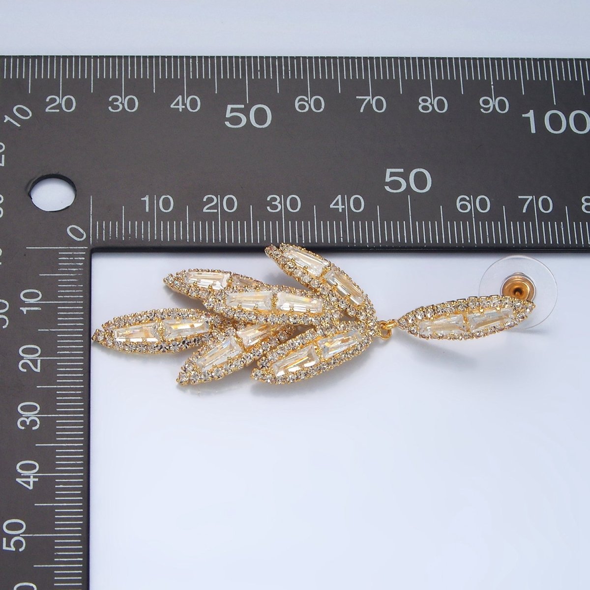 65mm Leaf Sphere Baguette CZ Micro Paved Drop Stud Earrings in Gold &amp; Silver | P174 P183