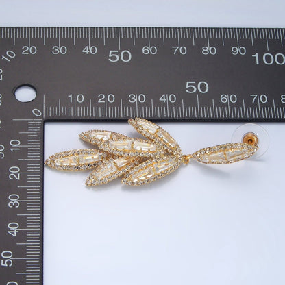 65mm Leaf Sphere Baguette CZ Micro Paved Drop Stud Earrings in Gold &amp; Silver | P174 P183