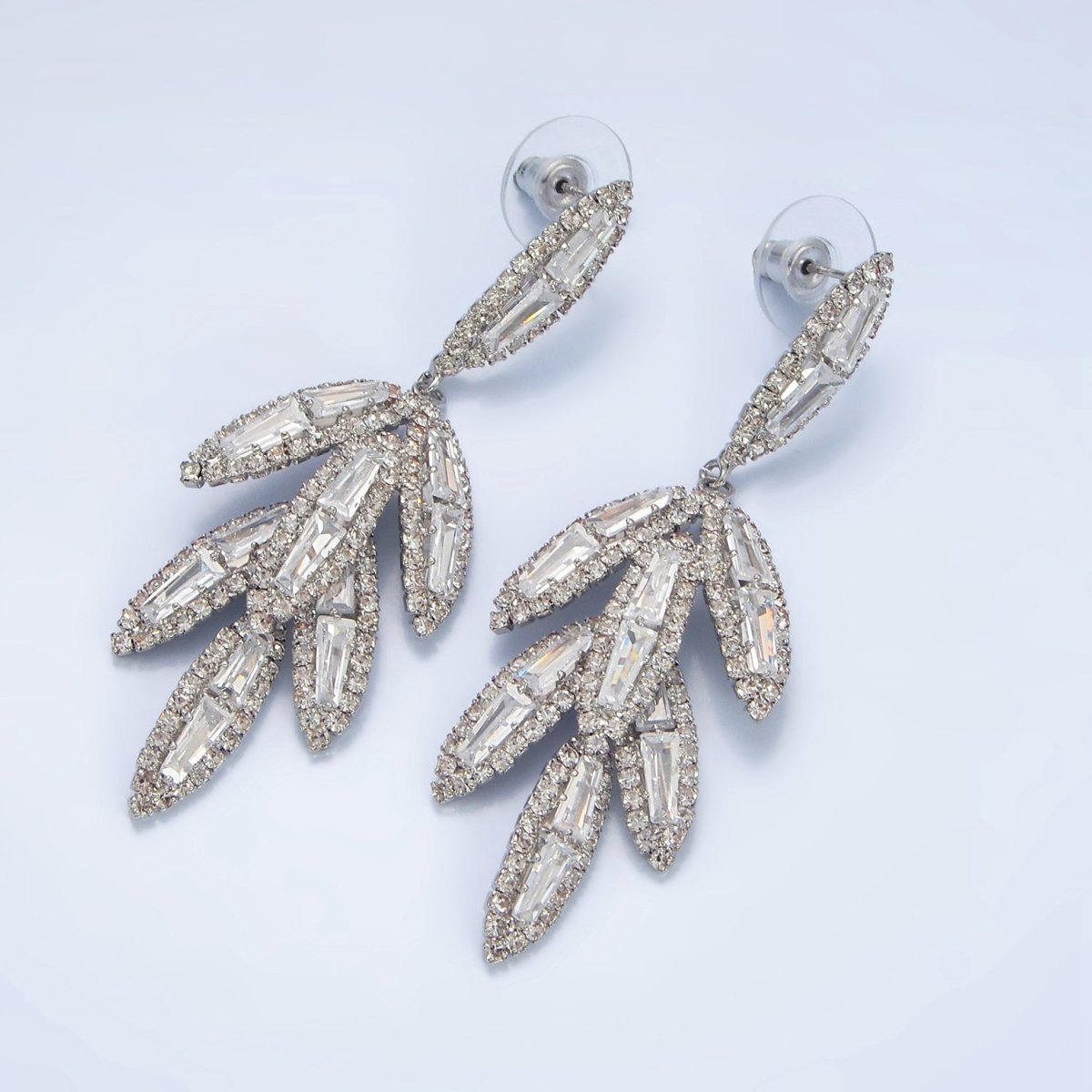 65mm Leaf Sphere Baguette CZ Micro Paved Drop Stud Earrings in Gold &amp; Silver | P174 P183