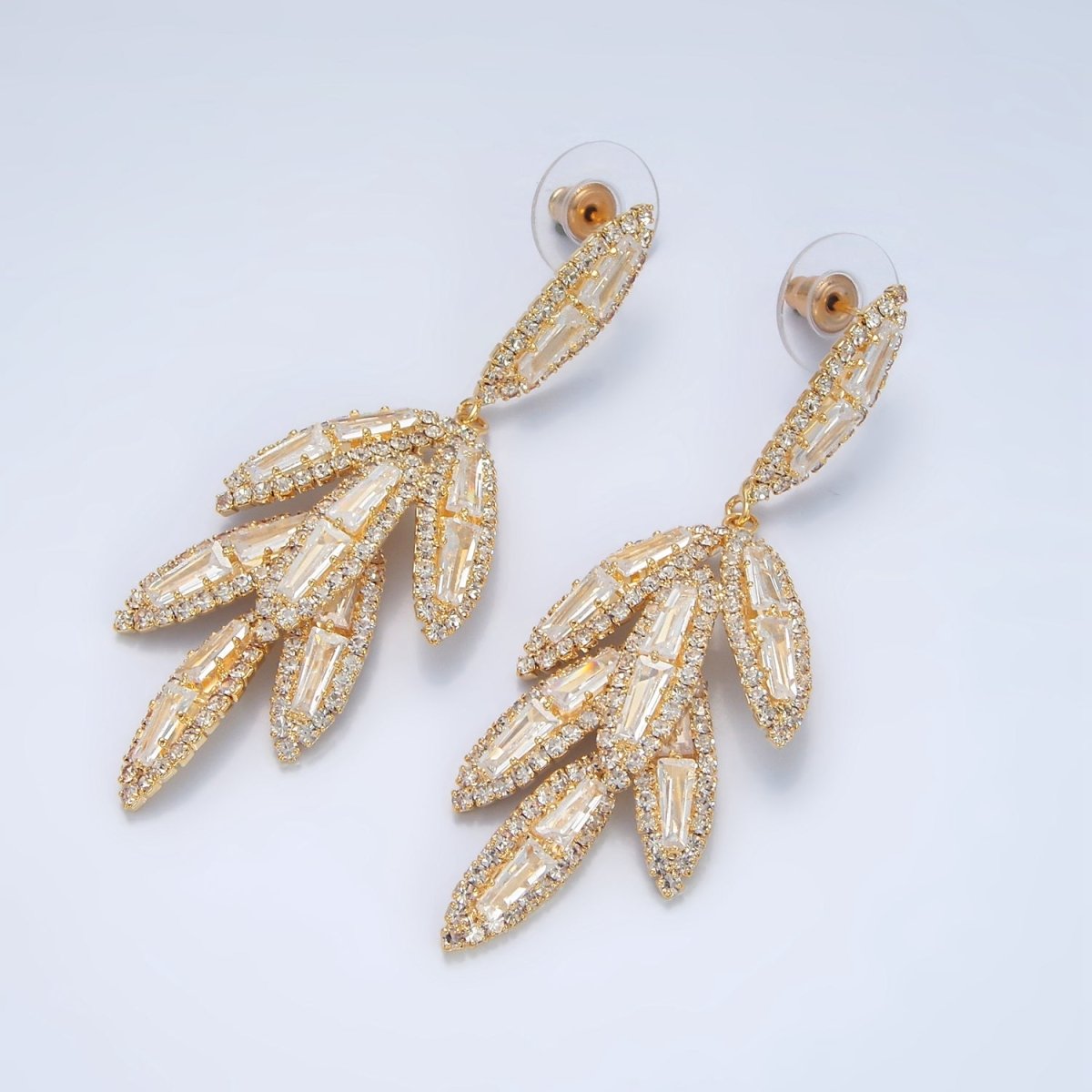 65mm Leaf Sphere Baguette CZ Micro Paved Drop Stud Earrings in Gold &amp; Silver | P174 P183