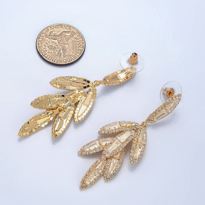 65mm Leaf Sphere Baguette CZ Micro Paved Drop Stud Earrings in Gold &amp; Silver | P174 P183