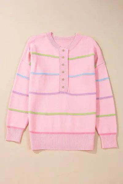 Contrast Striped Half Button Round Neck Sweater for Women