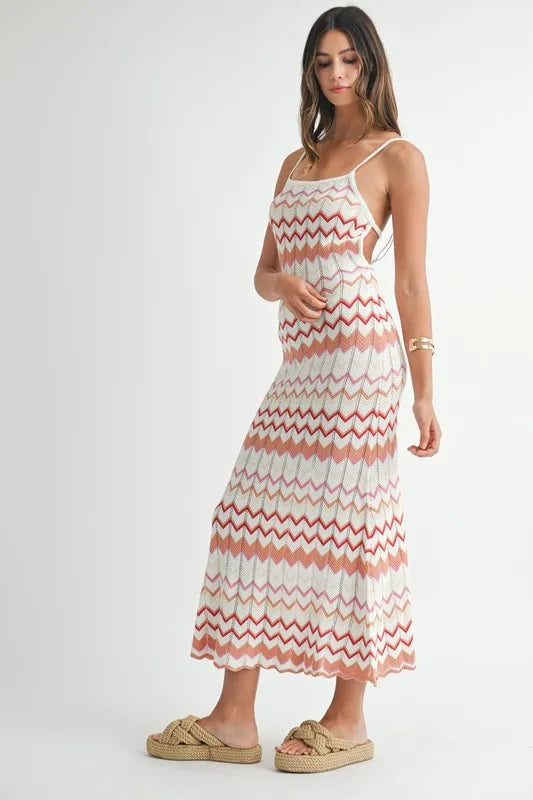 MABLE Lightweight Pointelle Chevron Knit Maxi Dress