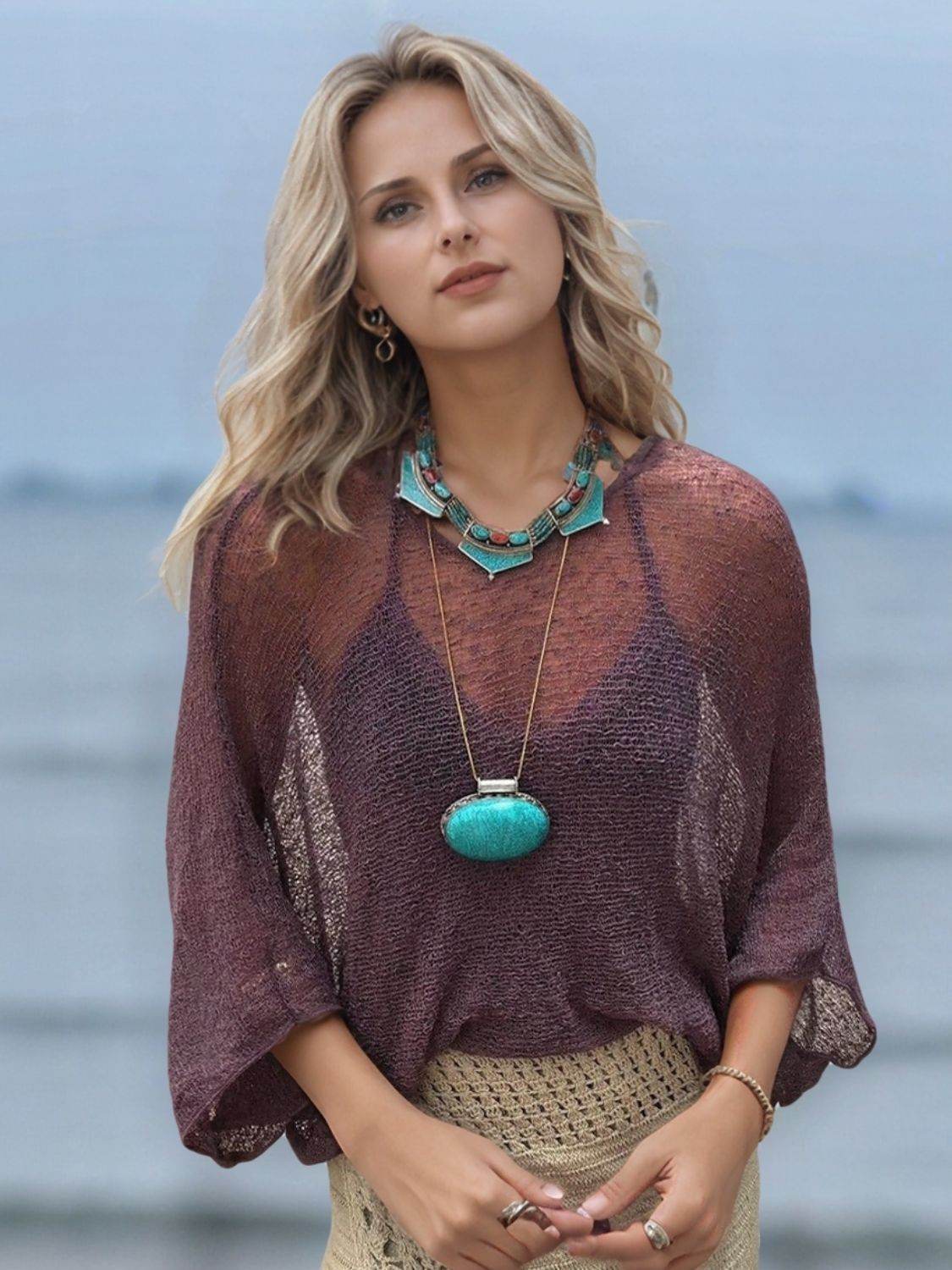 Round Neck Long Sleeve Cover-Up