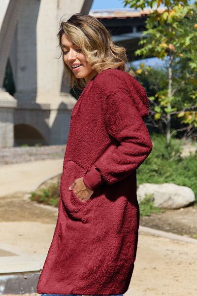 Red Double Take Full Size Hooded Teddy Bear Jacket with Thumbholes Ultra-Cozy &amp; Stylish Comfortable Outerwear