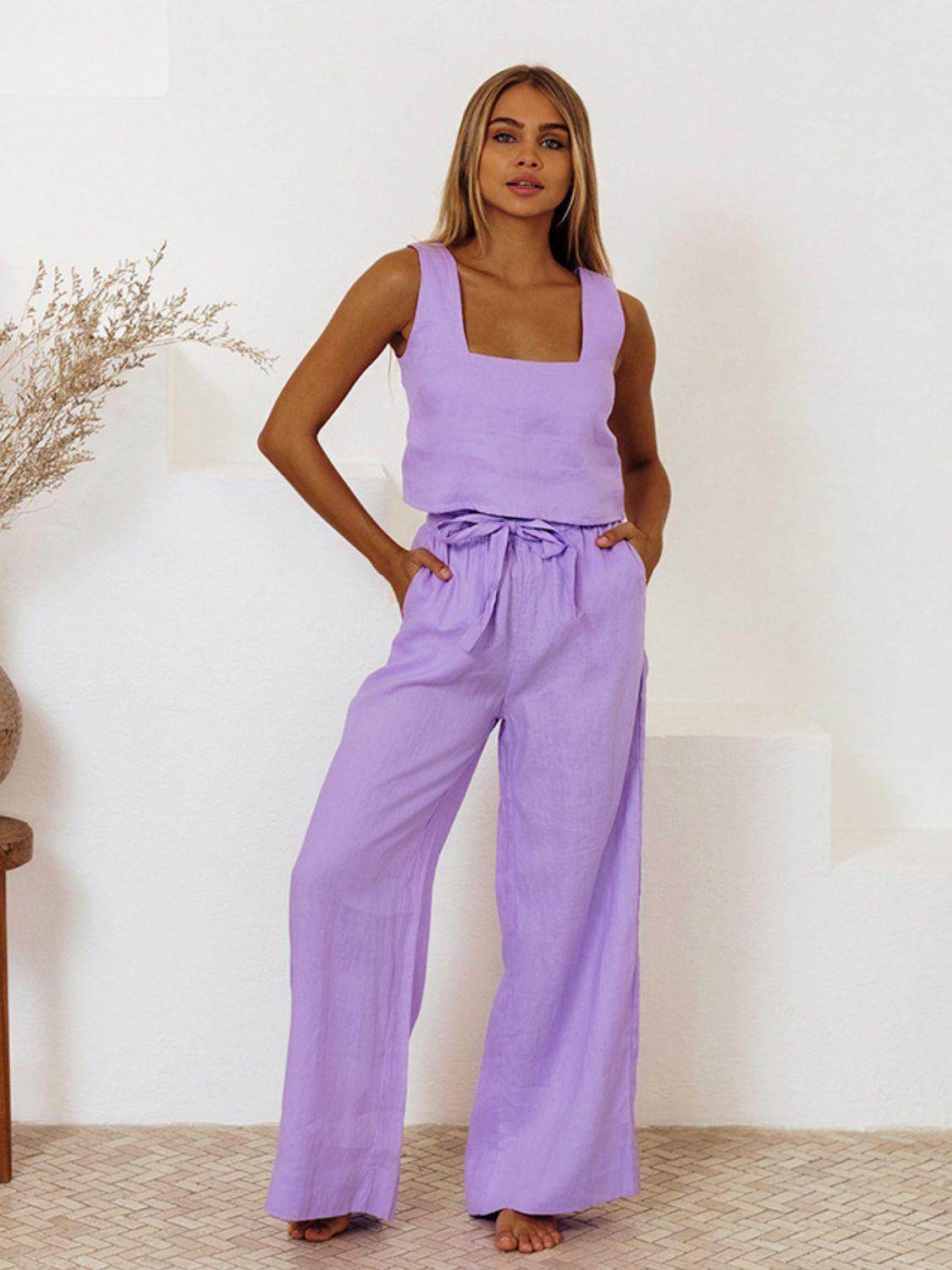 Square Neck Sleeveless Top and Pants Set for Women