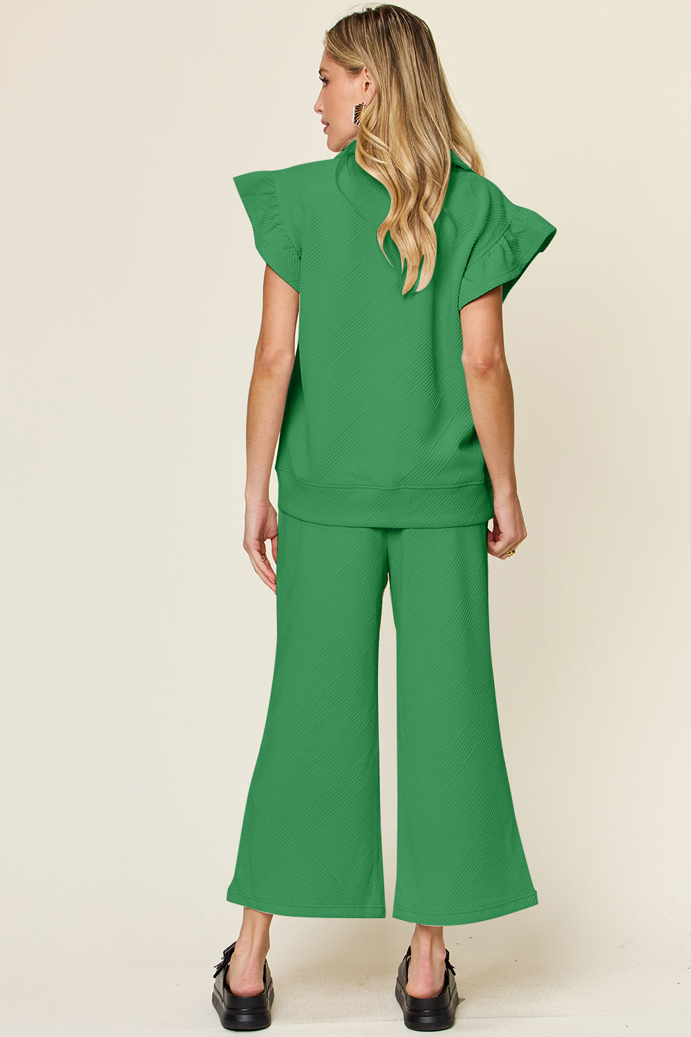 Textured Ruffle Top &amp; Drawstring Wide Leg Pants Set
