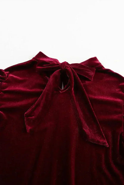 Fiery Red Velvet Blouse - Mock Neck &amp; Puff Sleeves | Femstylo