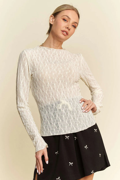 Davi &amp; Dani Long Sleeve Sheer Small Embroidered Bows Lace Top