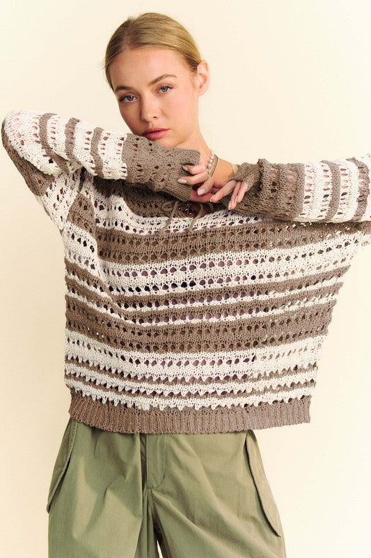 Back To School Sweater - Davi &amp; Dani Contrast Striped Crochet Drop Shoulder Knit Cover Up