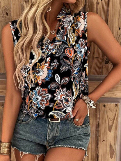 Printed Notched Sleeveless Top for Women in Various Sizes
