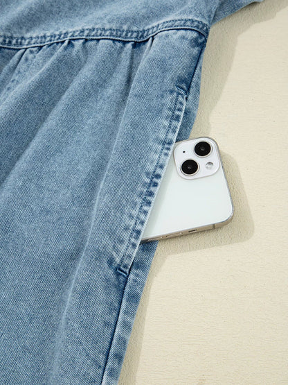 Smocked Cuffs Flared Denim Shirt Mini Dress