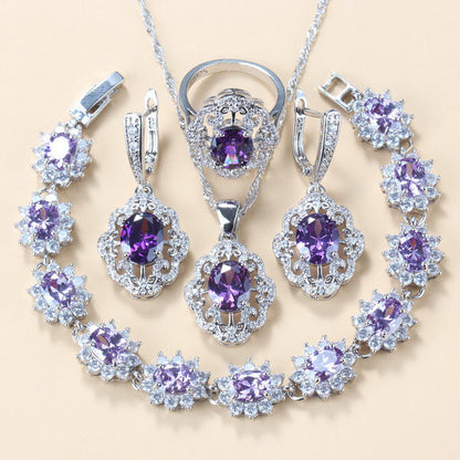 Garnet Cubic Zirconia Earrings Pendant Necklace Bracelet Ring Gift 4 PCs Set
