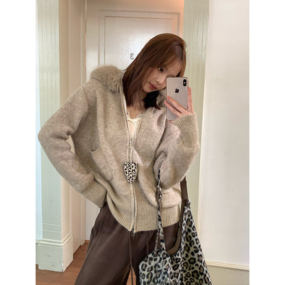 Fur Collar Hooded Knitted Coat For Women