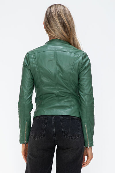 Women Classic Snobbish Faux Leather Zip-Up Drawstring Hooded Jacket Edgy &amp; Casual PU Leather Jacket For Streetwear
