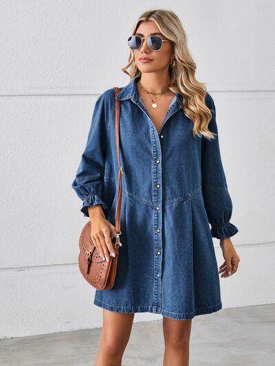 Button Up Flounce Sleeve Mini Denim Dress for Women