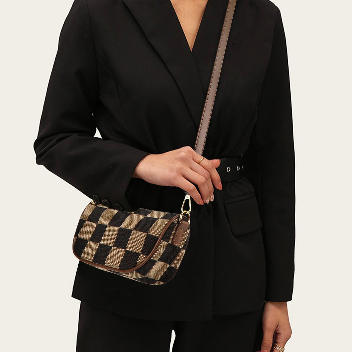 Small Crossbody Bag – Versatile Commute with Checkerboard Canvas, Compact Earphone Bag, Stylish 2-in-1 Chest Bag &amp; Fanny Pack for Everyday Use