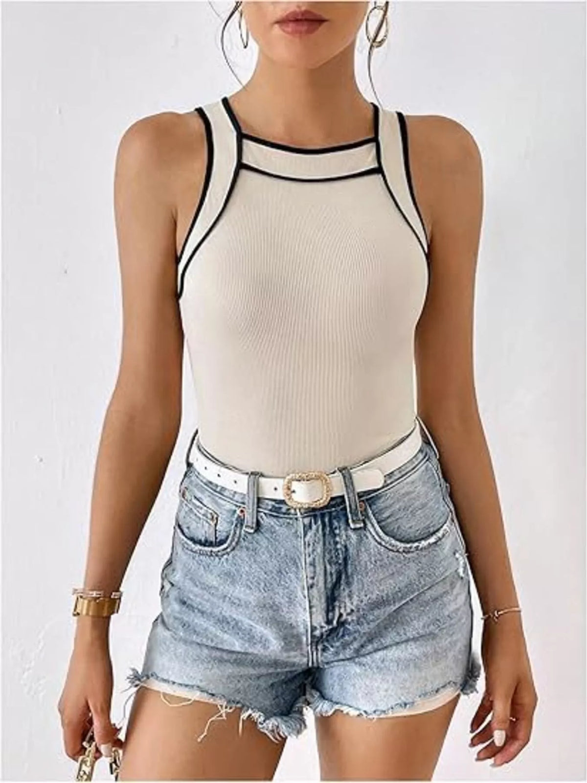 Ribbed Knit Contrast Trim Tank Top