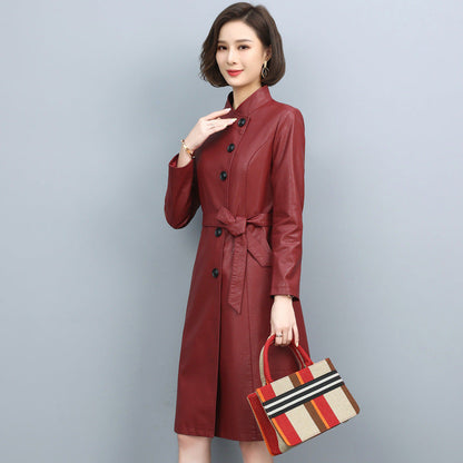 New Women Leather Trench Spring Turn-down Collar Solid Color Drawstring Loose Long Sheepskin Coat