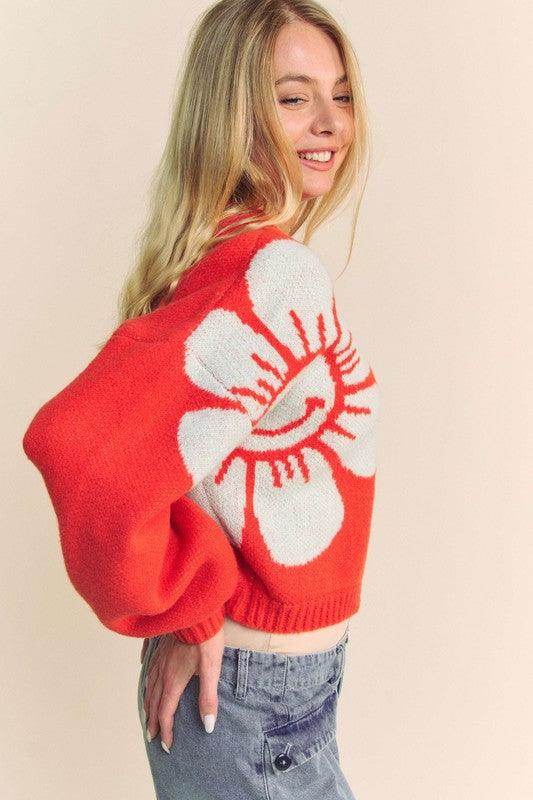 Davi &amp; Dani Flower Contrast Round Neck Long Sleeve Cardigan