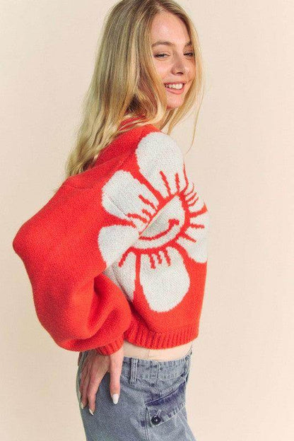 Davi &amp; Dani Flower Contrast Round Neck Long Sleeve Cardigan