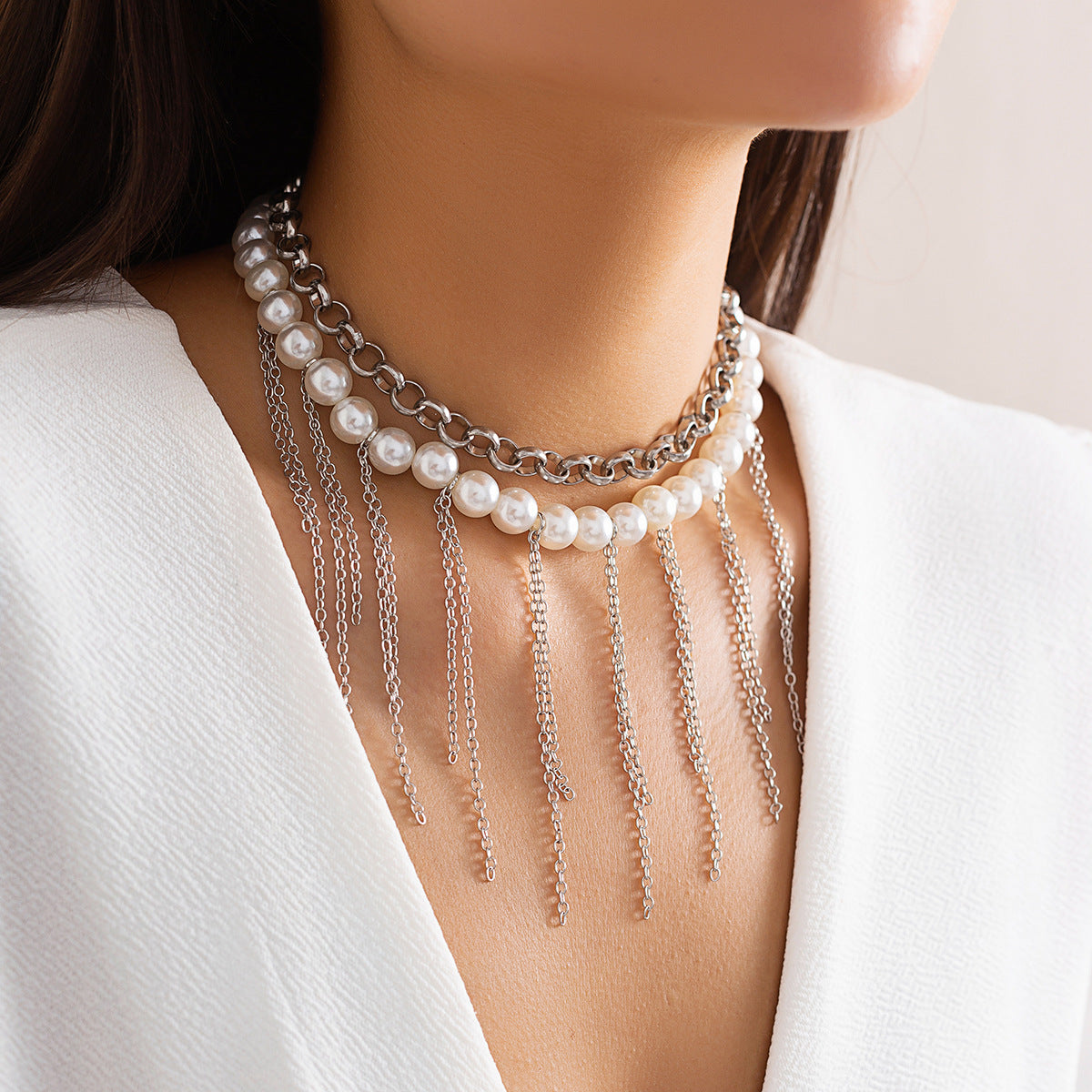 Pearl Tassel Fun Design Double-layer Retro Necklace Women&