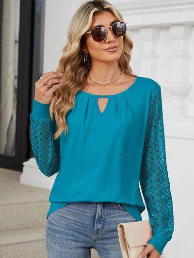 Cutout Round Neck Long Sleeve T-Shirt with Lace Detail