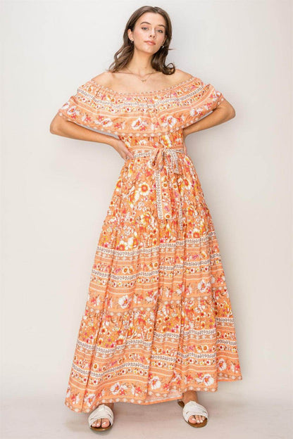 HYFVE Floral Off-Shoulder Tie Front Maxi Dress for Women