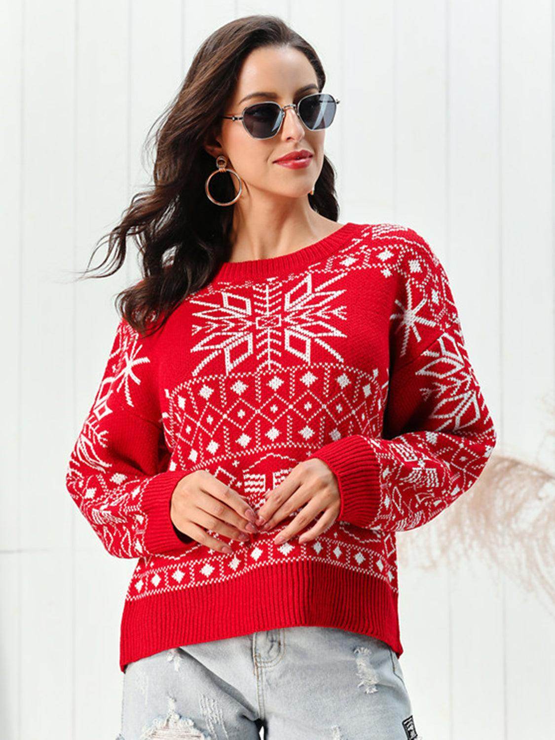 Snowflake Pattern Round Neck Sweater for Cozy Winter Style