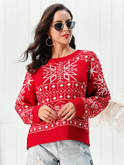 Snowflake Pattern Round Neck Sweater for Cozy Winter Style
