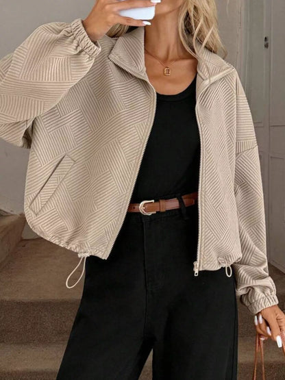 Textured Zip-Up Drawstring Hem Jacket